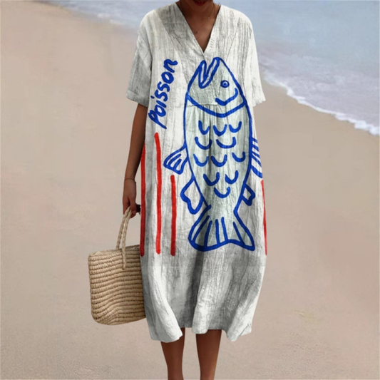 Seraphine™ | Coastal Sketch Fish Midi Dress