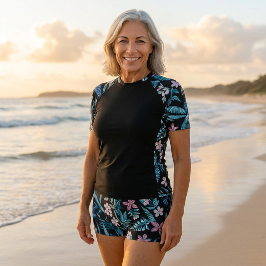 Byron Bay Classics swimwear on model at Byron Bay beach