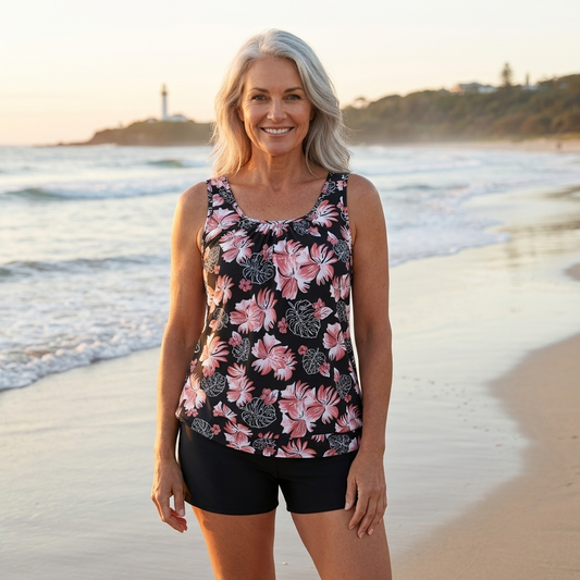 Byron Bay Classics swimwear on model at Byron Bay beach