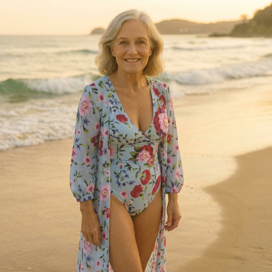 Byron Bay Classics swimwear on model at Byron Bay beach