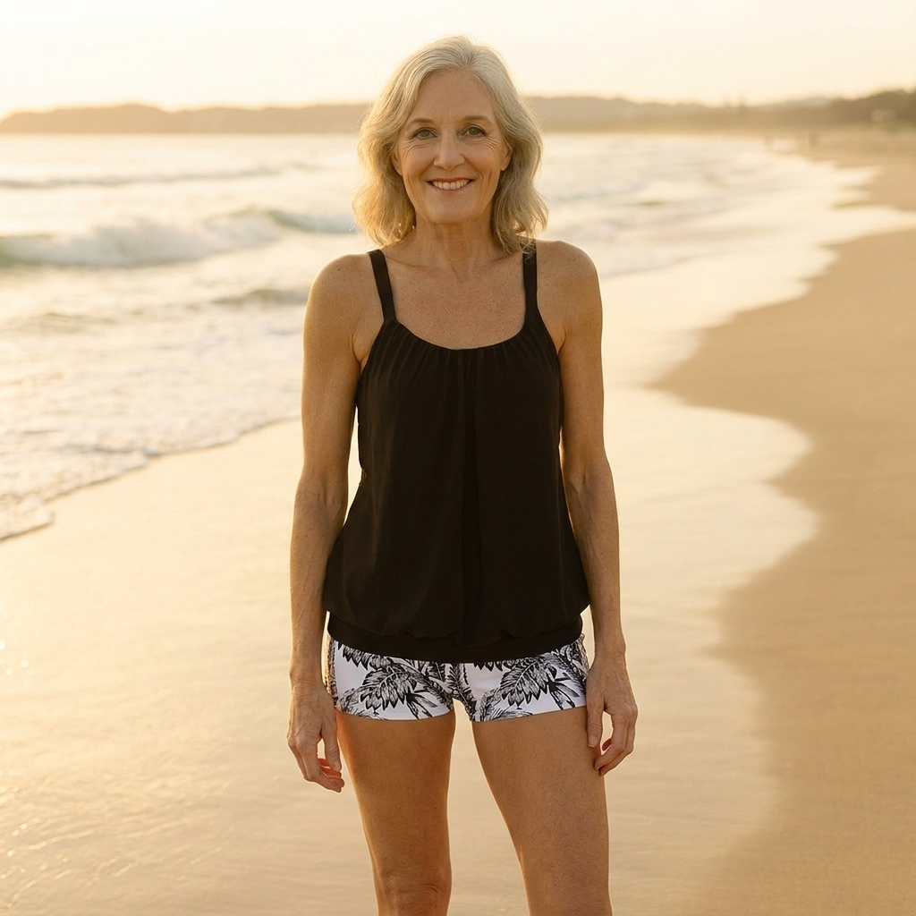 Byron Bay Classics swimwear on model at Byron Bay beach